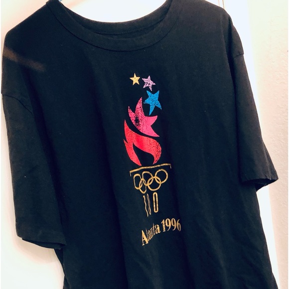 1996 Atlanta Olympics Men's Black T-shirt Size XL Flame Rings Logo (Pre-Owned) - Picture 2 of 4